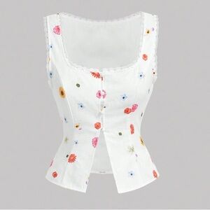Floral Button-Up Lace Trim Sleeveless Top
